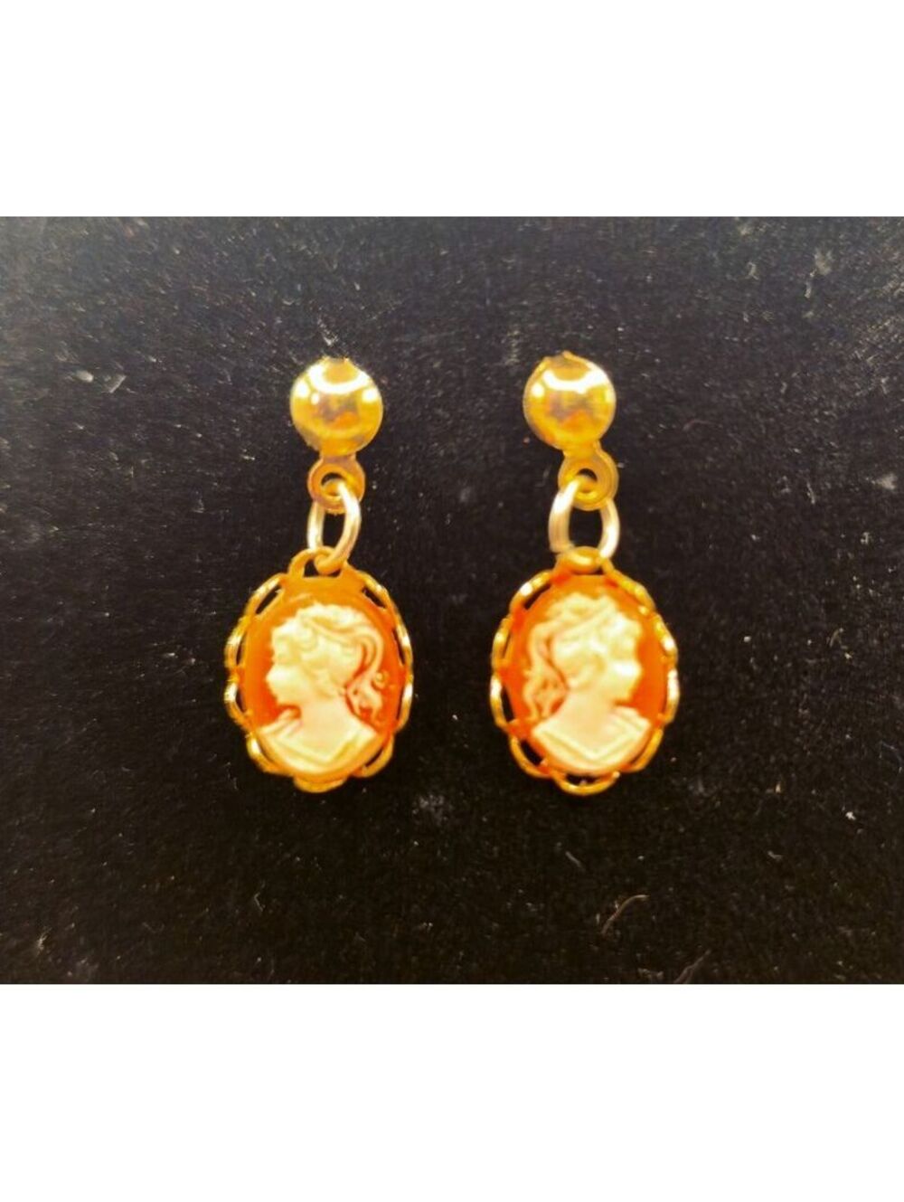 Vintage Gold Tone Cameo Dangle Post Earrings Victorian Lady Portrait Estate